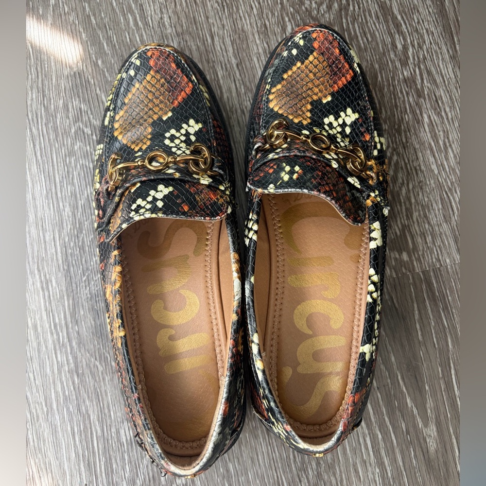 Sam Edelman Circus Women's Snake-Print Loafers with Gold Bit Black/Orange/Brown - Picture 4 of 5